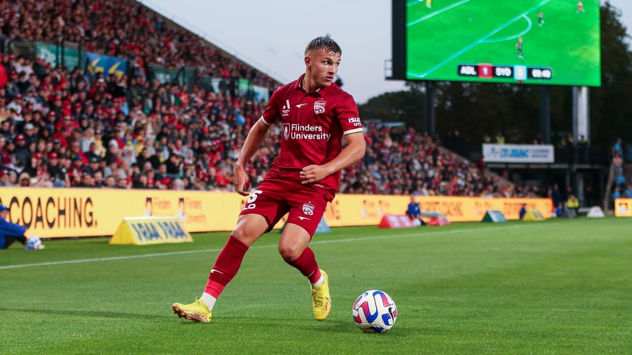 Adelaide United forward Luka Jovanovic during the A-League Men's soccer match between versus Sydney FC at Coopers Stadium in Adelaide