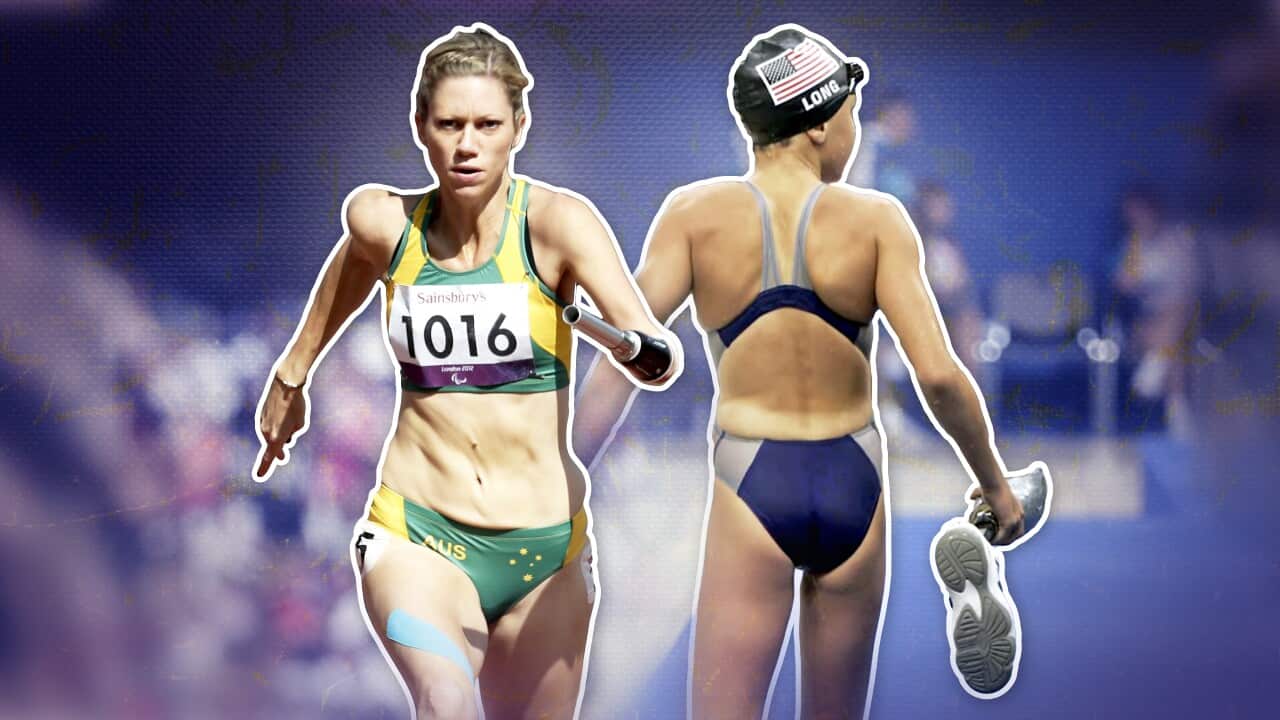 Graphic showing a cut-out of an Australian female Paralympian in a green and gold outfit running and another of a US Paralympian in a swimming costume facing away from camera.