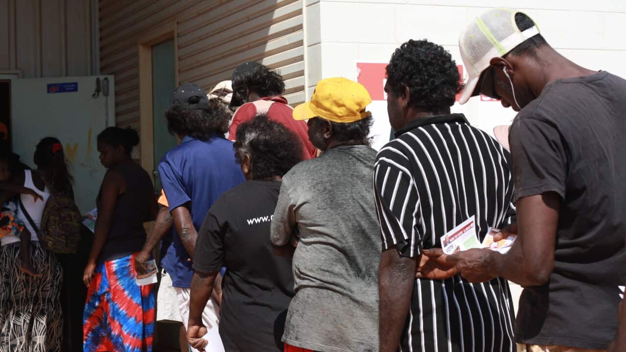 Voters line up in Warruwi's community hall, South Bathurst Island. 