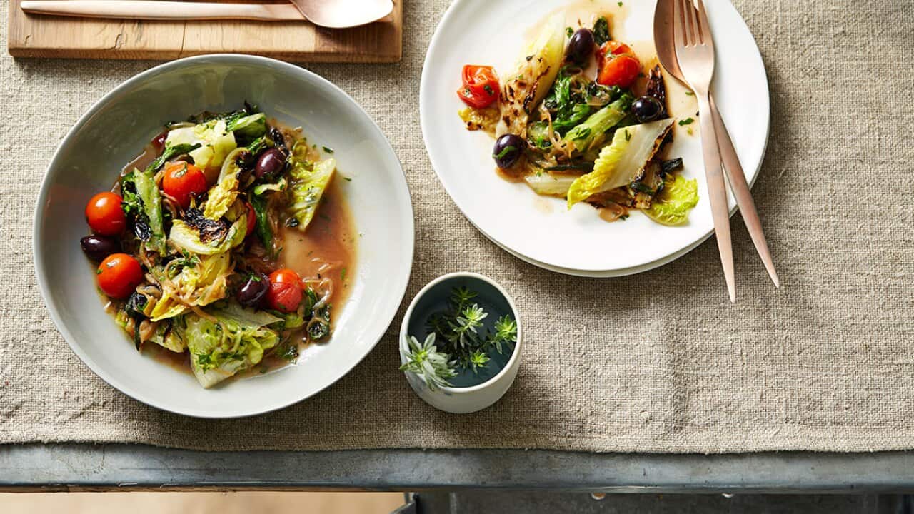 Charred cos, kalamata olives and tomato