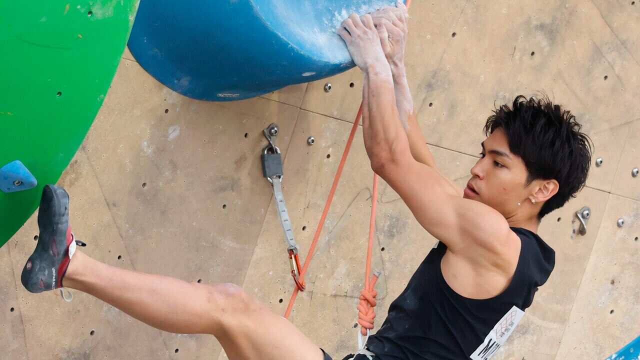 Tomoa Narasaki competes during the men's bouldering final of the Combined Japan Open at Iwate Prefectural Sports Climbing Facility in Morioka, Iwate Prefecture on June 19, 2021. 24-year-old Narasaki, Tokyo Olympic representaive, won the cup.