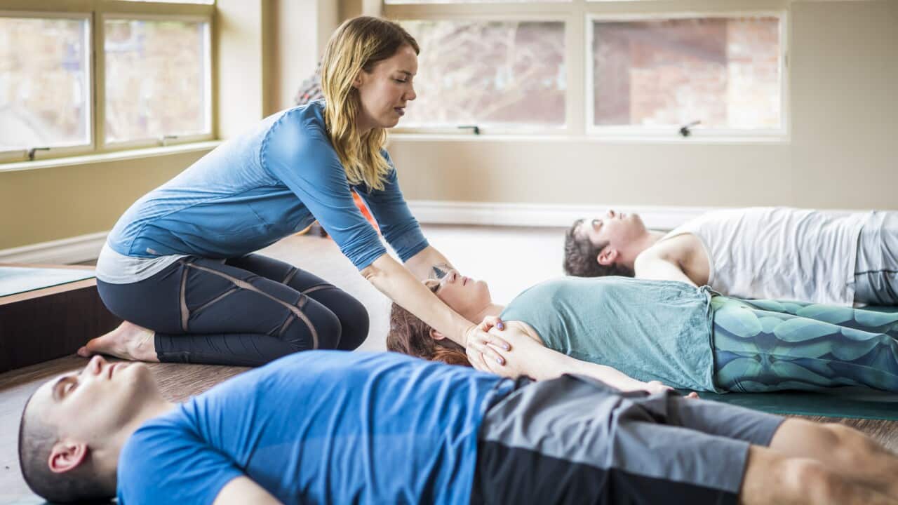 Yoga class in studio.
