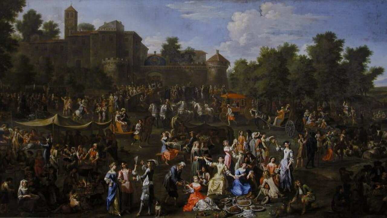 Agostino Tassi (Perugia 1578-Rome 1644) The Fair at Grottaferrata early 17th century oil on canvas 95 x 190 cm.