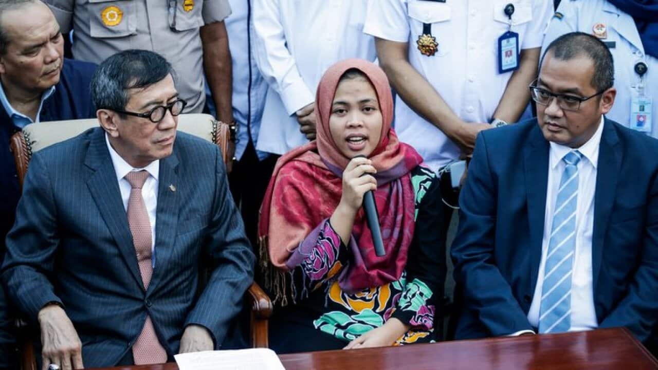 Siti Aisyah (C) speaks to journalists during a press conference at Halim Perdana Kusuma airport in Jakarta, Indonesia, 11/03/2019.