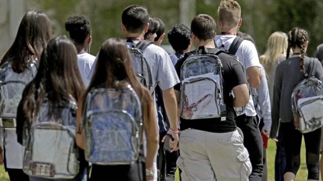 Students wearing backpacks.