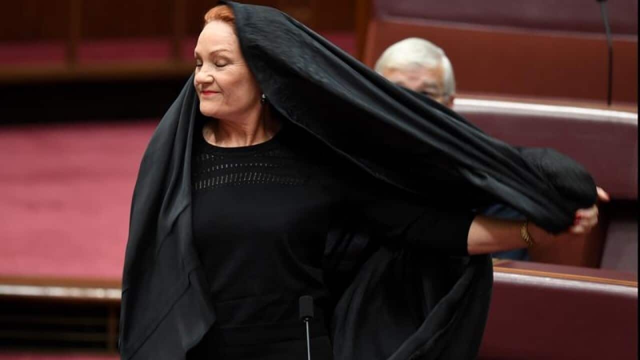 One Nation Senator Pauline Hanson takes off a burqa.