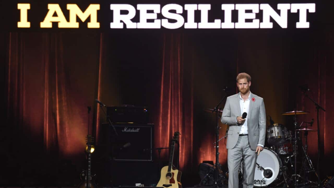 Prince Harry Duke of Sussex on stage at the Closing Ceremony of the Invictus Games 2018 at the Olympic Park, Sydney.