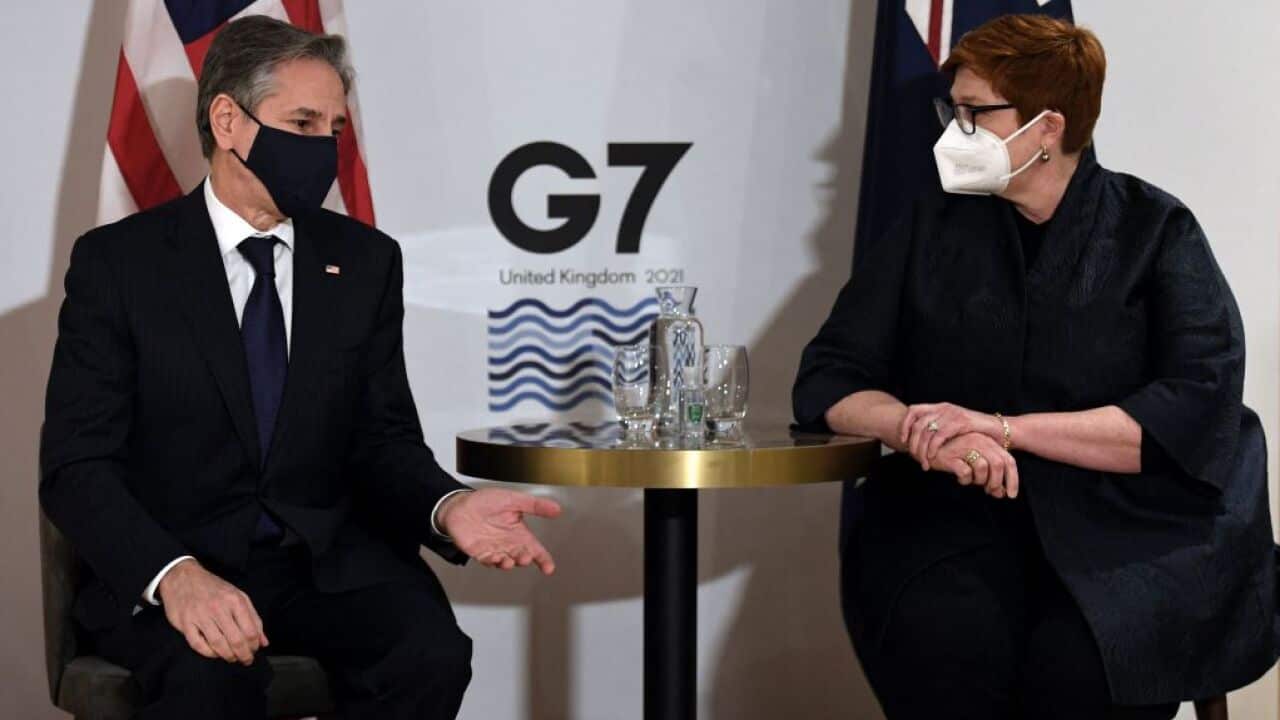 US Secretary of State Antony Blinken (L) and Australia's Foreign Minister Marise Payne (R) hold a bilateral meeting on the first day of the G7 foreign ministers summit in Liverpool.