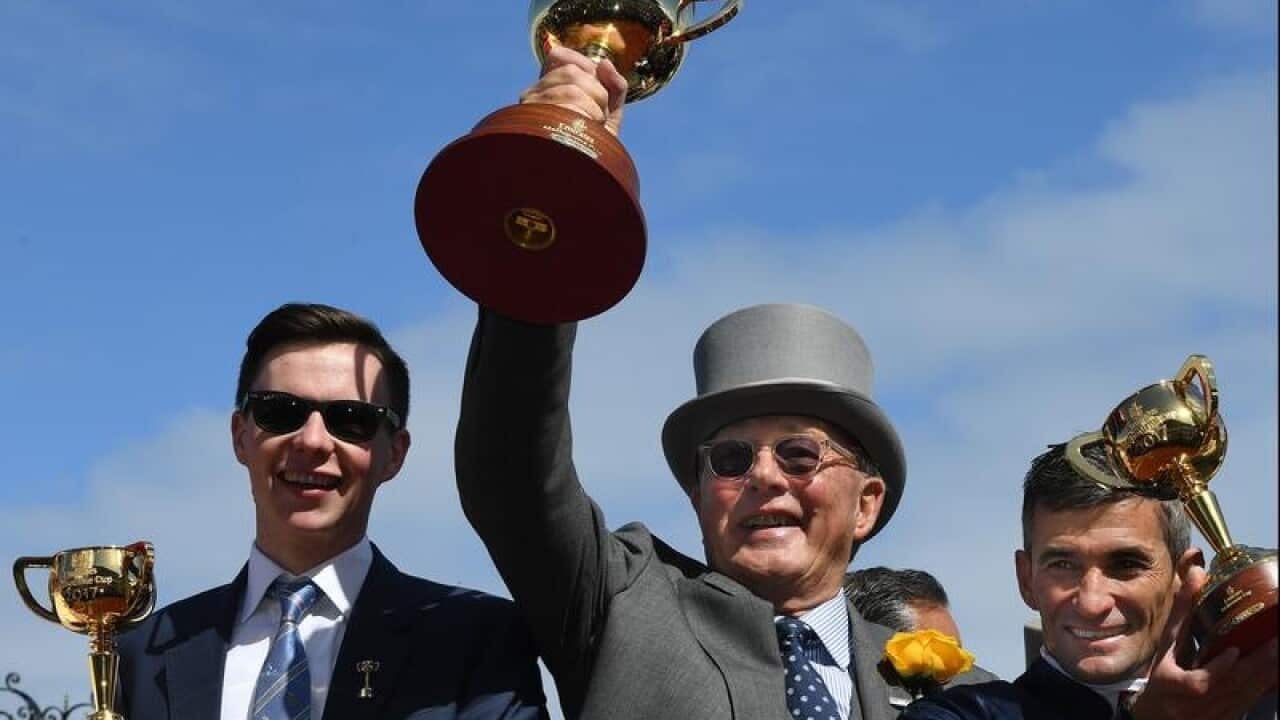 Trainer Joseph O'Brien, part owner Lloyd Williams, jockey Corey Brown