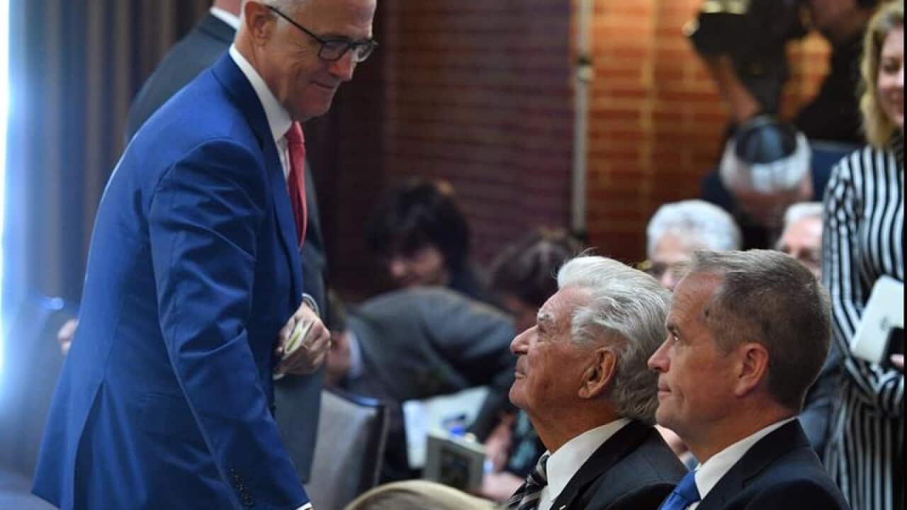 Malcolm Turnbull, Bob Hawke and Bill Shorten at Barry Cohen's memorial