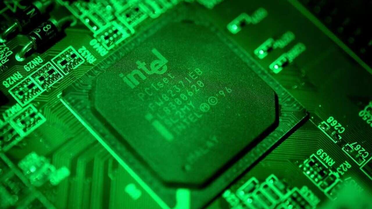 A close-up photo showing an Intel computer circuit board