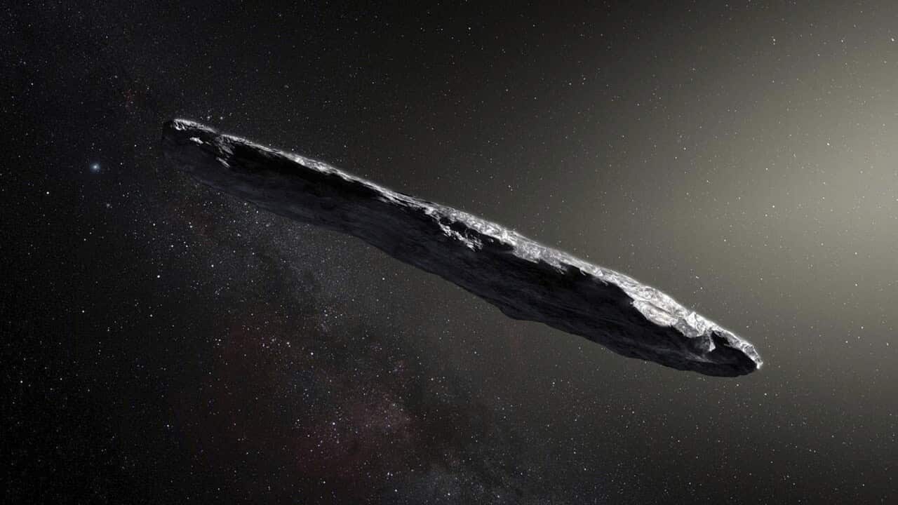 This artist's rendering shows the first interstellar asteroid: 'Oumuamua'.