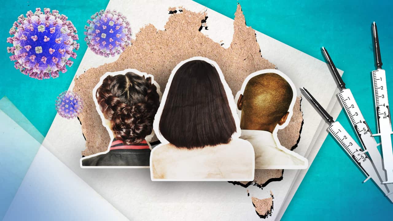 A digital artwork showing the back of three people's heads, a map of Australia, syringes and pathogens.