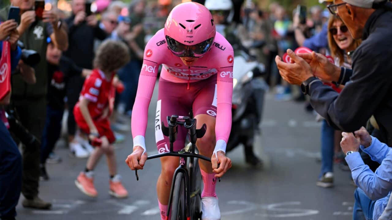 Tadej Pogacar (UAE Team Emirates) during the Stage 7 time trial at the 2024 Giro d'Italia.