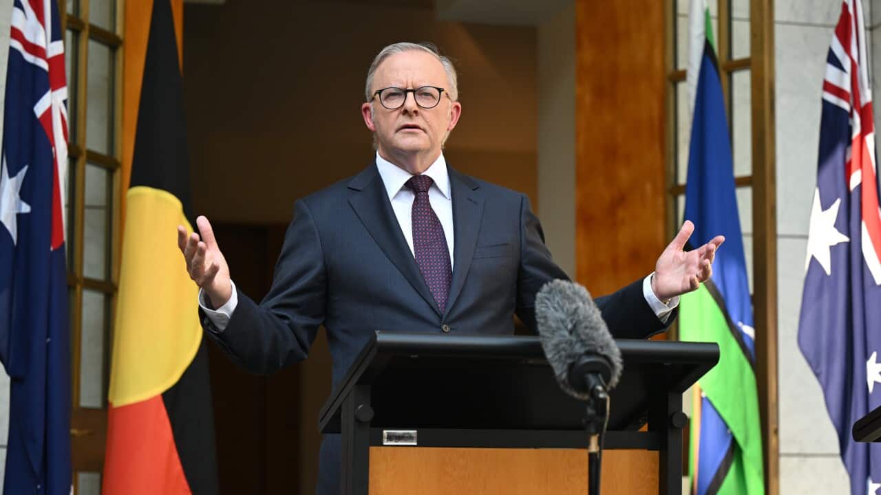 Anthony Albanese stands behind a lectern featuring the Commonwealth Coat of Arms, gesturing with open hands while flanked by the Australian, Aboriginal, and Torres Strait Islander flags.