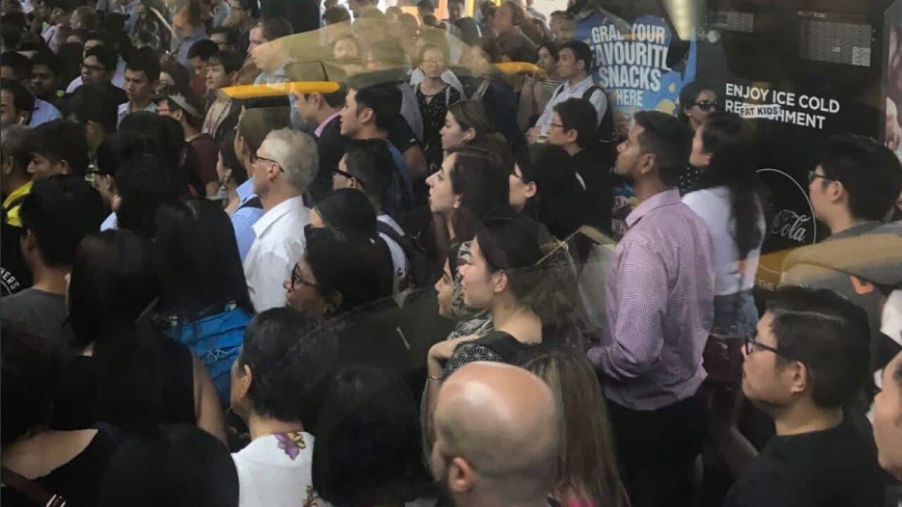 Sydney commuters at Strathfield station, in the city's inner-west, during train delays on Tuesday.