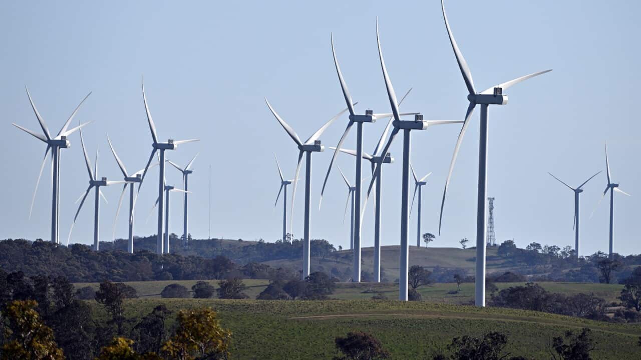 Power-generating windmill turbines are seen south of Goulburn, NSW (AAP)