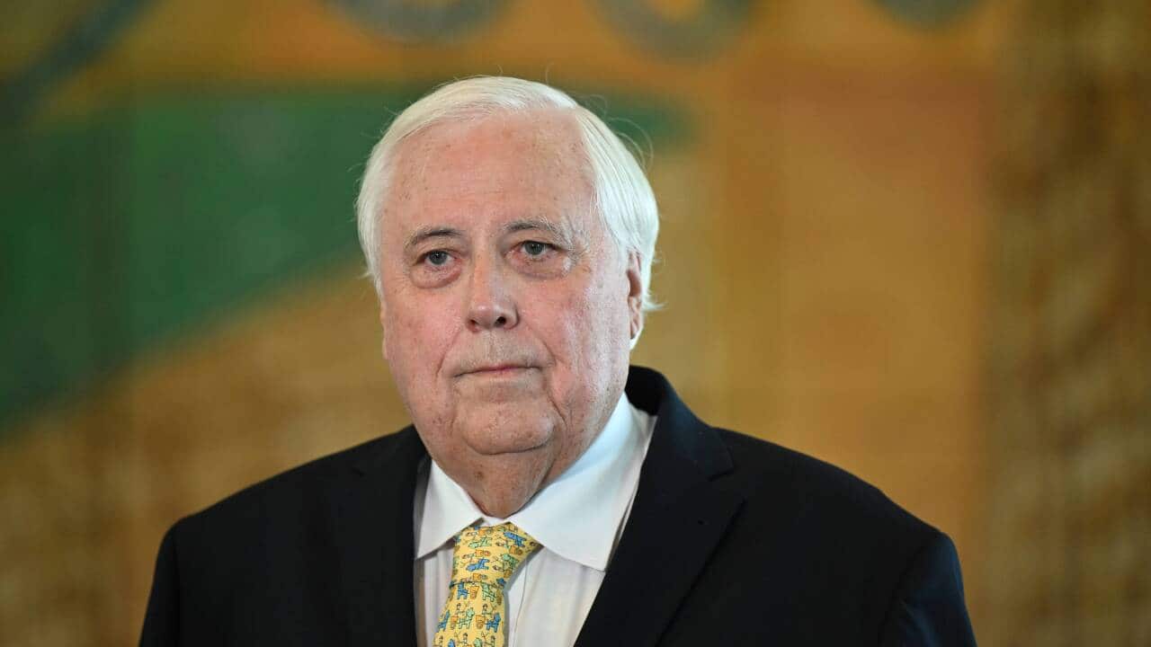 Clive Palmer, in a suit and tie, standing in front of a green and yellow wall.