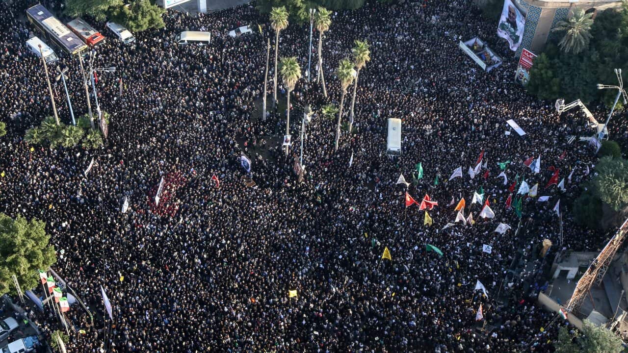 Mourners attending a funeral ceremony for Qassem Soleimani in Iran.