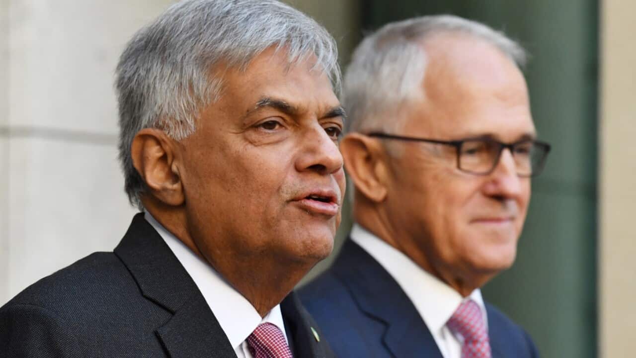 Sri Lanka's Prime Minister Ranil Wickremesinghe and Australia's Prime Minister Malcolm Turnbull at a press conference at Parliament House 
