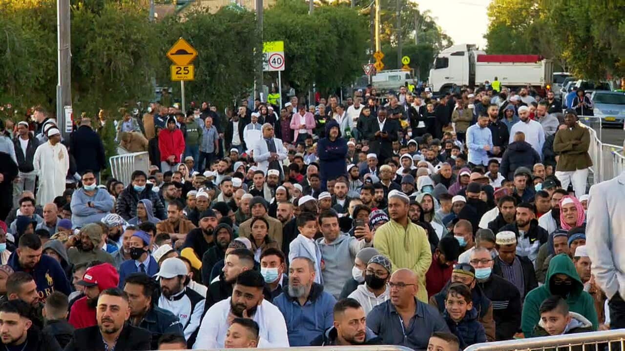 Gathering for prayer to celebrate Eid at Lakemba Mosque in Sydney