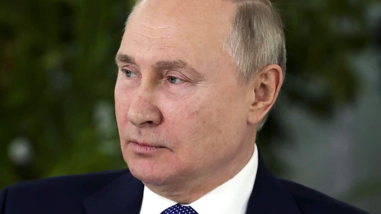Russian President Vladimir Putin is seen speaking.