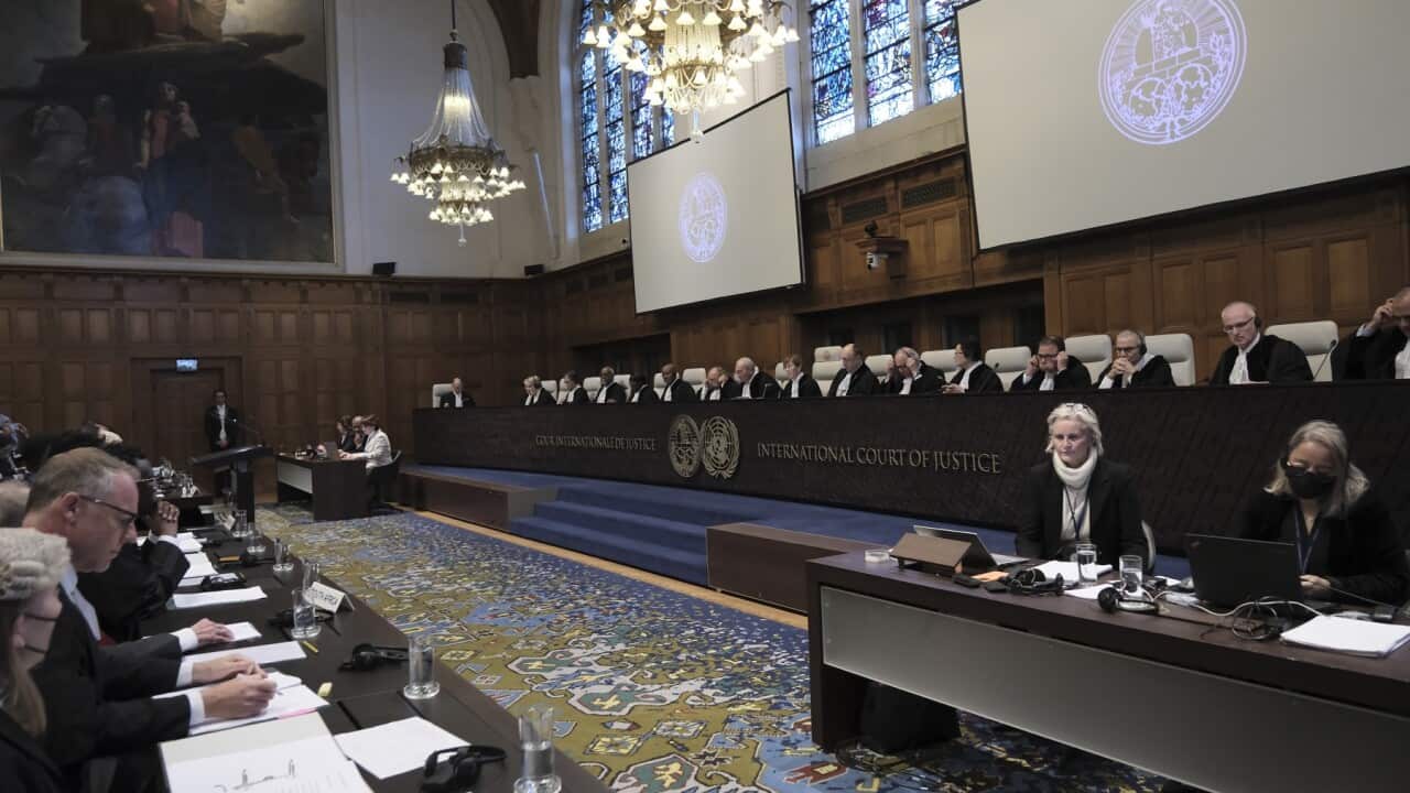 Judges and parties at the opening of the hearings at the International Court of Justice in The Hague, Netherlands (AAP)