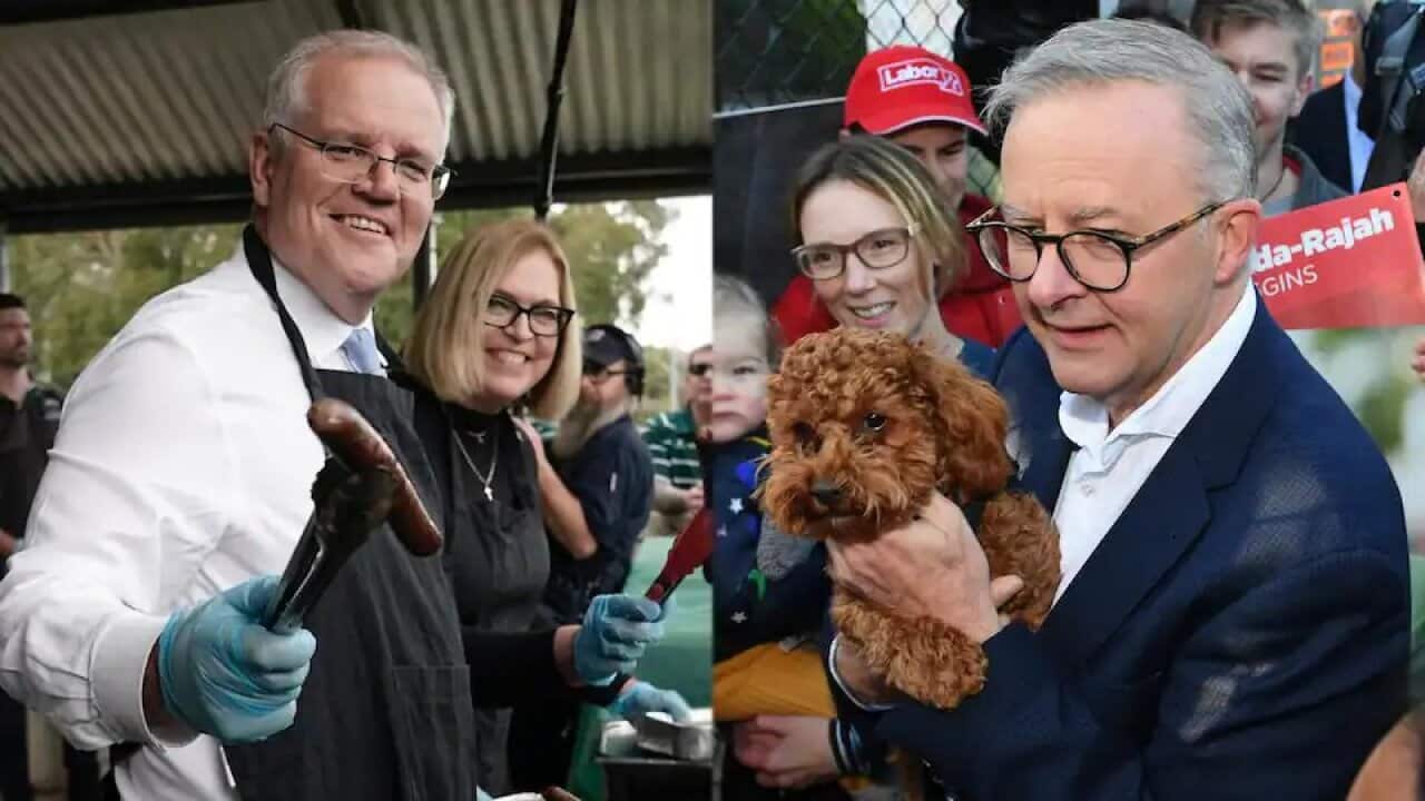Scott Morrison and Anthony Albanese visit a number of polling booths on election day in a last-minute bid to win over voters. 