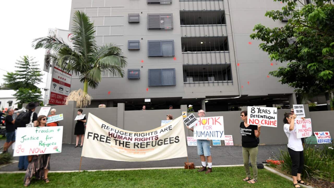 Activists hold a rally outside the Kangaroo Point Central Hotel in Brisbane, Monday, 1 March, 2021.