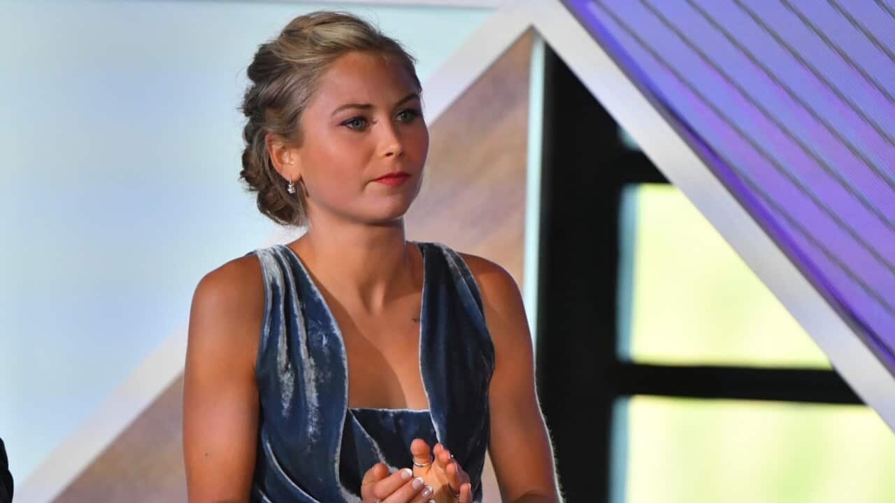 Tasmania’s 2021 Australian of the Year finalist Grace Tame during the 2021 Australian of the Year Awards at the National Arboretum in Canberra, Monday, January 25, 2021. (AAP Image/Mick Tsikas) NO ARCHIVING