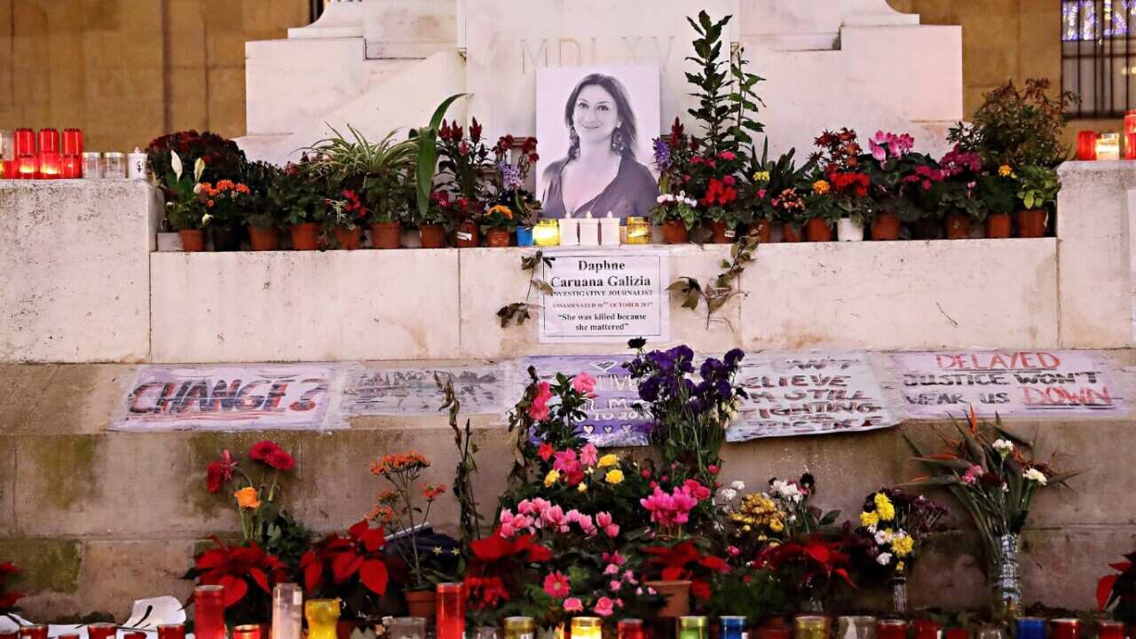 A memorial for the slain Malta journalist Daphne Caruana Galizia at the Great Siege monument opposite the Malta law courts in Valletta