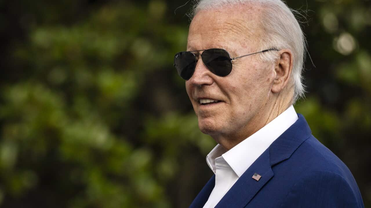 Joe Biden smiling and wearing sunglasses, as well as a blue blazer with an American flag on him. Blurred foliage is behind him.