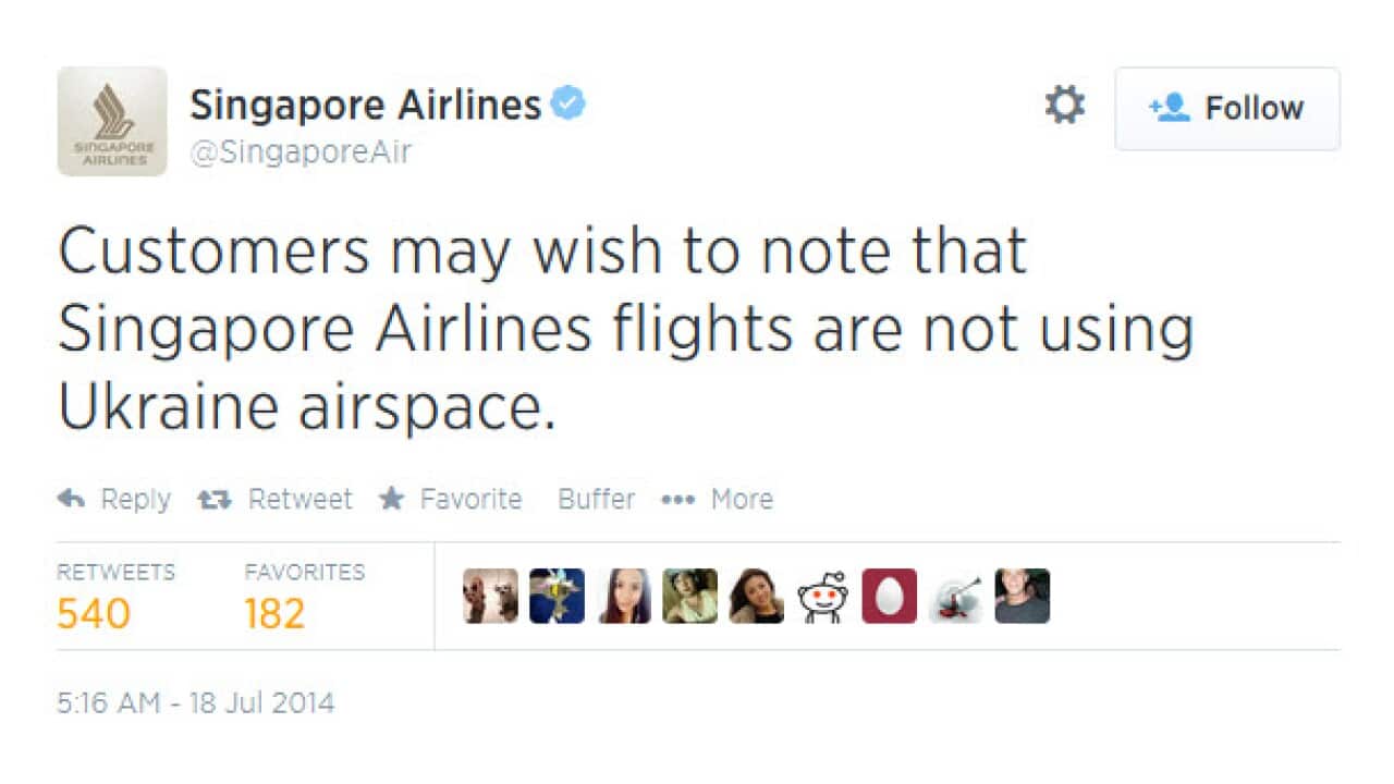 Hours after MH17 went down, Singapore Airlines posted on Facebook and Twitter: "Customers may wish to note that Singapore Airlines flights are not using Ukraine airspace", sparking online backlash. (Screenshot: Twitter)