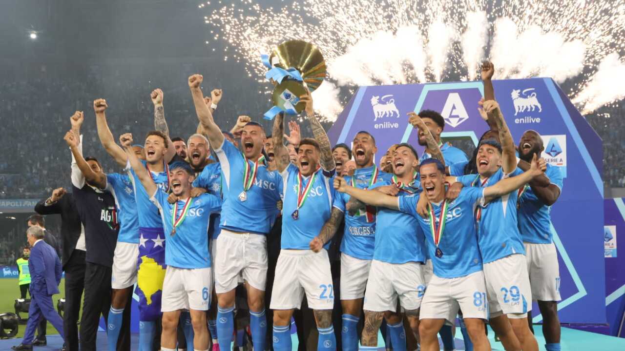 Naples, Award ceremony for Napoli champion of Italy for the 4th time, players celebrate the victory of the scudetto