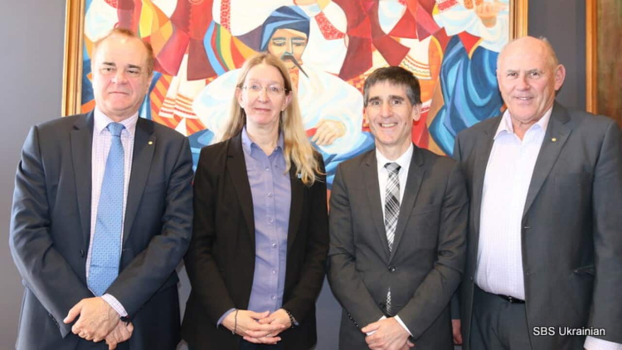 Minister Dr U. Suprun with Dr J. Rait and Dr A. Bartone from the Australian Medical Association and S. Romaniw from Australian Federation of Ukrainian Organisations.