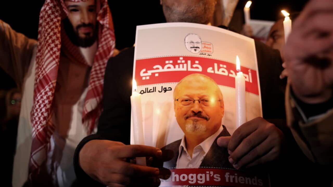 A protest outside the Saudi embassy in Istanbul remembers murdered journalist Jamal Khashoggi.