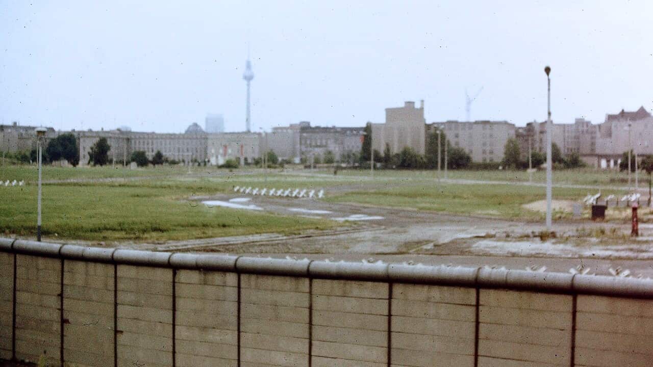 Looking across the Berlin Wall into East Berlin at Potsdamer Platz in 1973