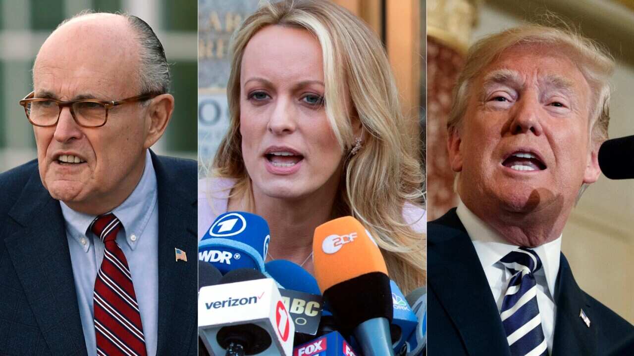 Combination image of lawyer Rudy Giuliani, Stormy Daniels and US President Donald Trump