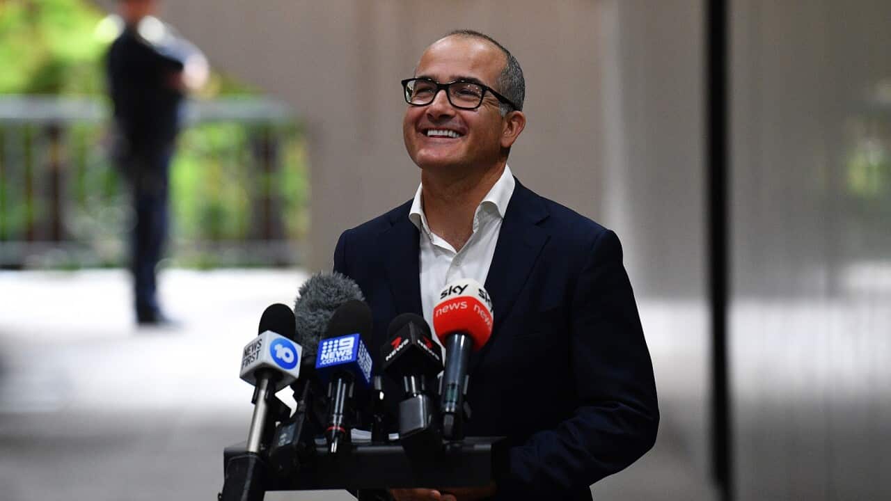 Acting Victorian Premier James Merlino addresses a media conference in Melbourne