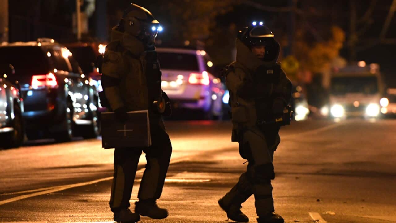 Bomb squad police are seen in Bay Street in Brighton in Melbourne