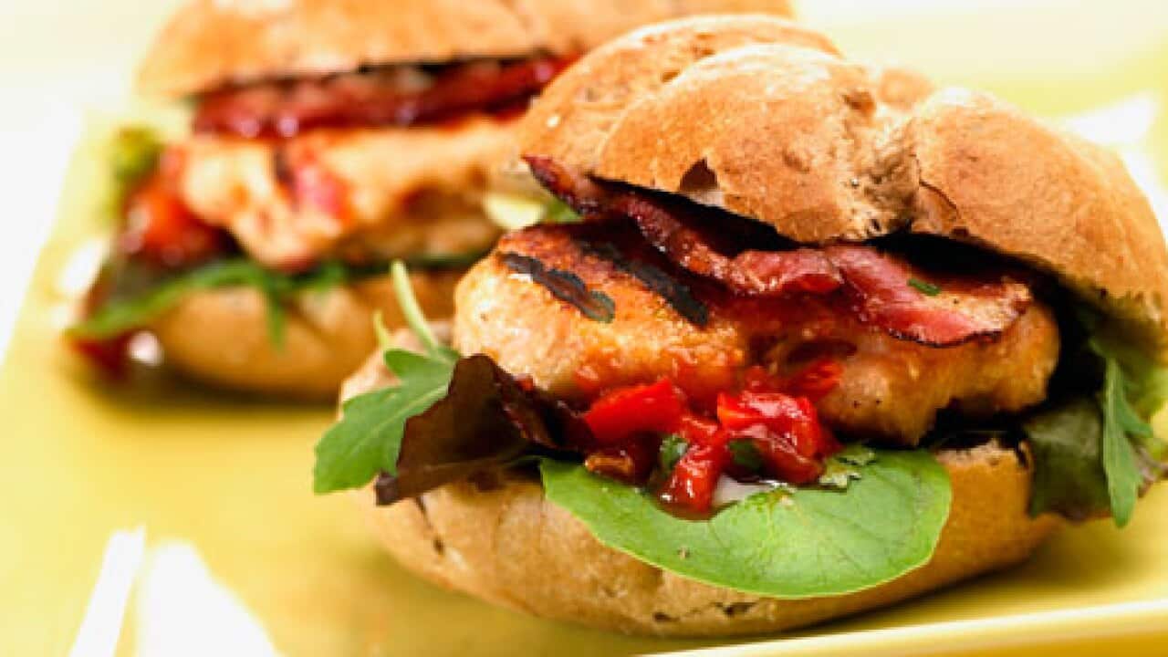 Chicken burgers with bacon and barbecue sauce