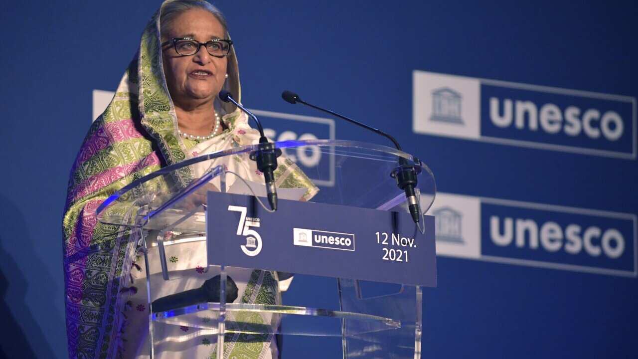 Bangladesh's Prime Minister Sheikh Hasina delivers her speech during celebrations marking the 75th anniversary of the UNESCO in Paris