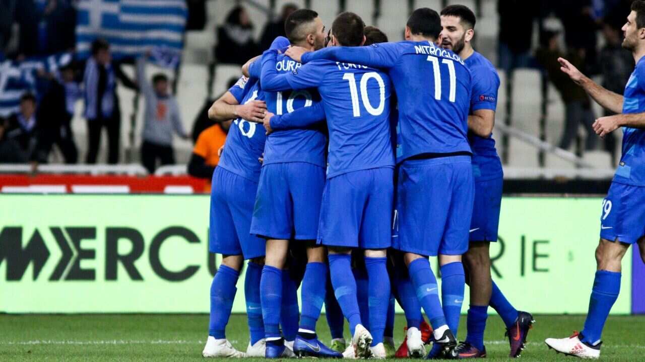 Players of Greece celebrate goal during the football game between the national teams of Greece and Finland for the UEFA Nations league line ups in OAKA Stadium in Athens in Greece, 15 November 2018.