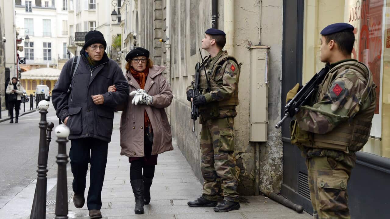 French policemen patrol on January 12, 2015 in Paris