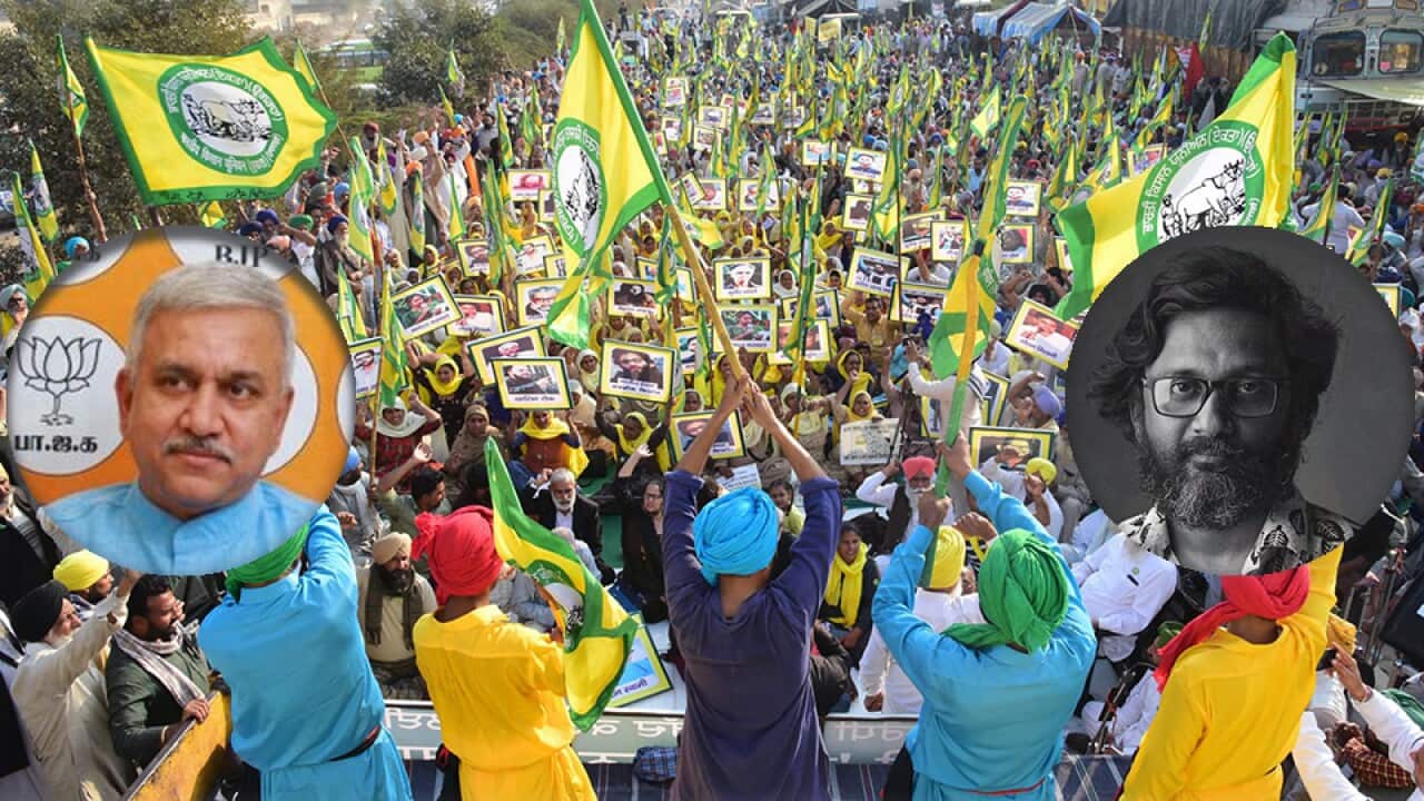 Indian Farmers' Protest in New Delhi (By Randeep Maddoke); Inset: Left - Narayanan Thirupathy, Right - A. Muthukrishnan