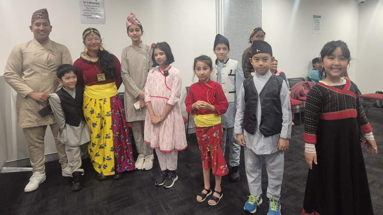 Shabdamala students are waiting for their turn to perform at a Dashain event.