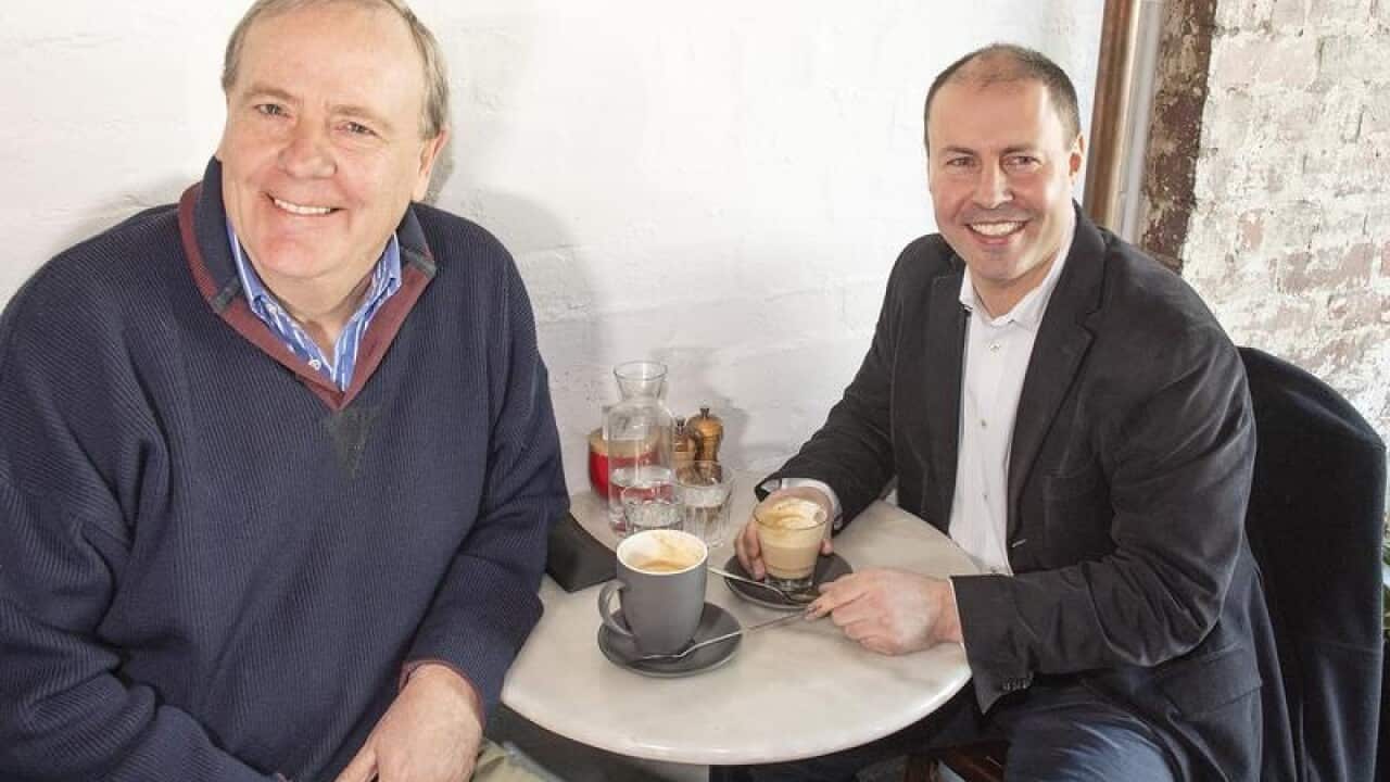 Peter Costello and Josh Frydenberg at a cafe in Hawthorn.