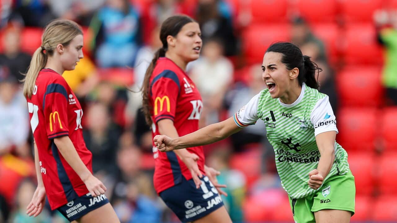 Vesna Milivojević of Canberra United celebrates a goal during the A-League Women Round 1 soccer match between Adelaide United and Canberra United at Coopers Stadium in Adelaide, in October 2023