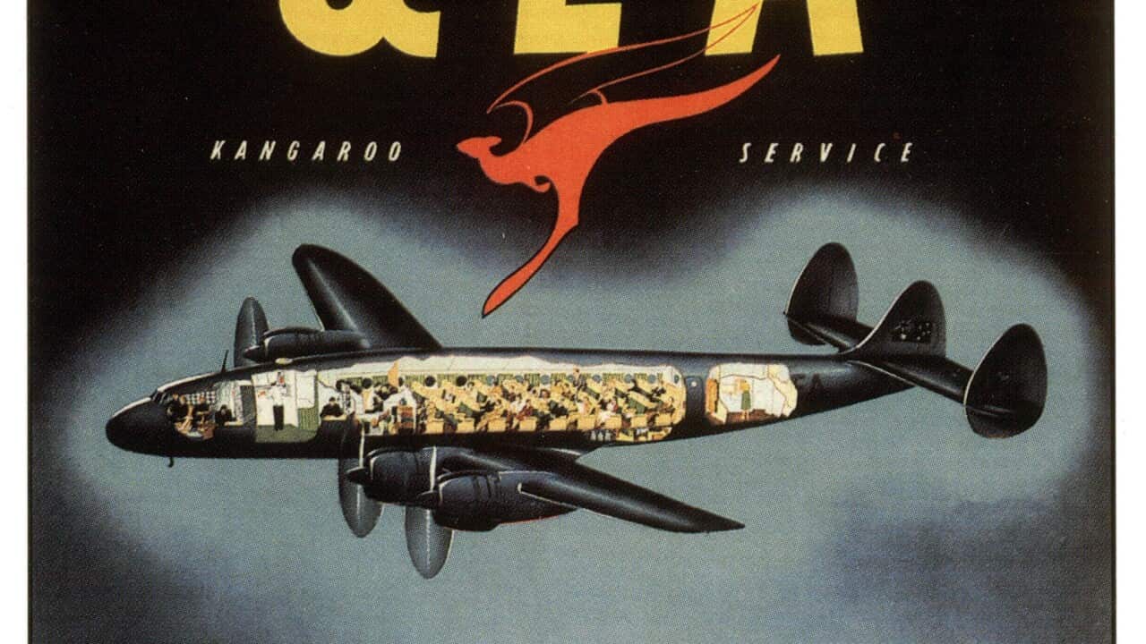 Advertisement for Qantas kangoroo service, postcard, c. 1949