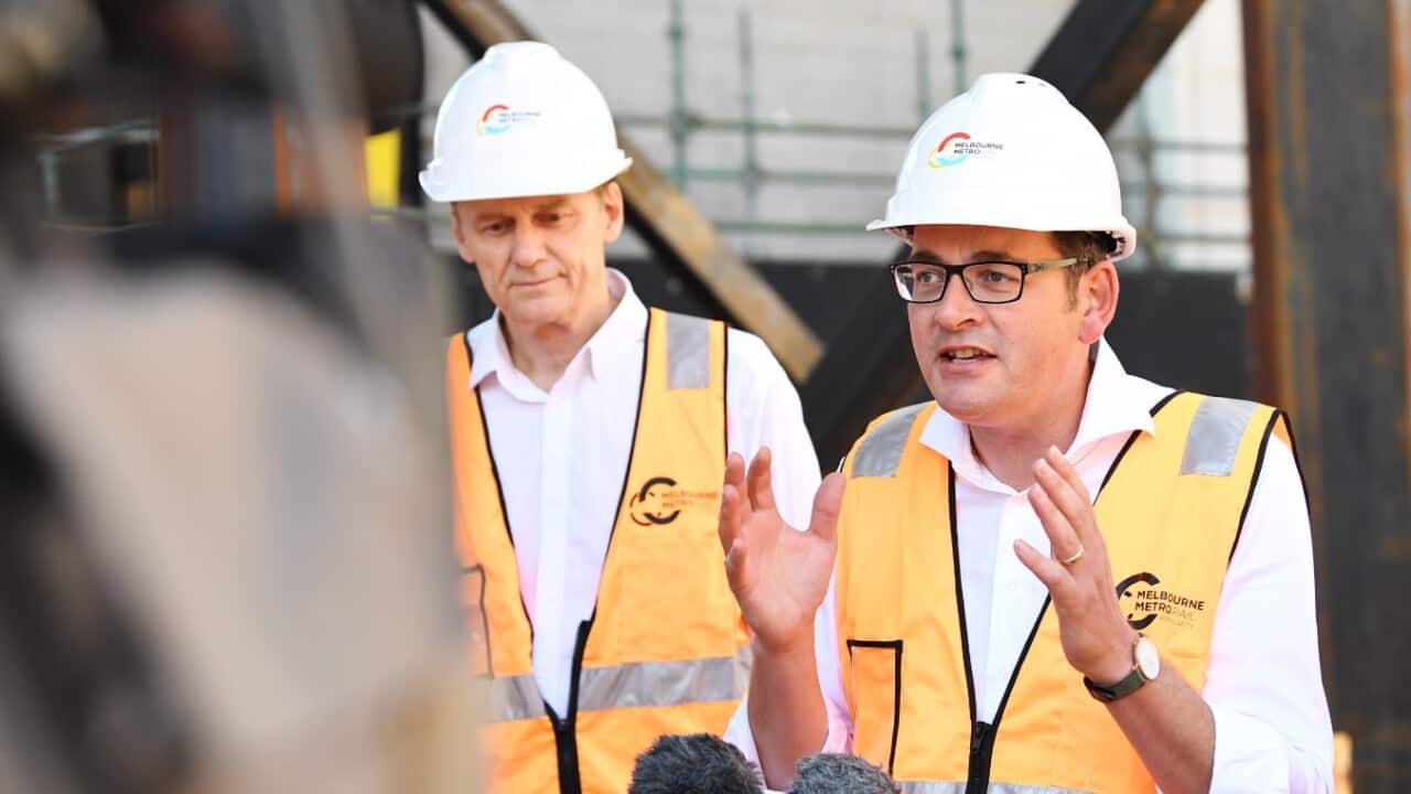 Premier of Victoria, Daniel Andrews addresses the media at a construction site for one of the new Metro Tunnel train stations in Melbourne's CBD
